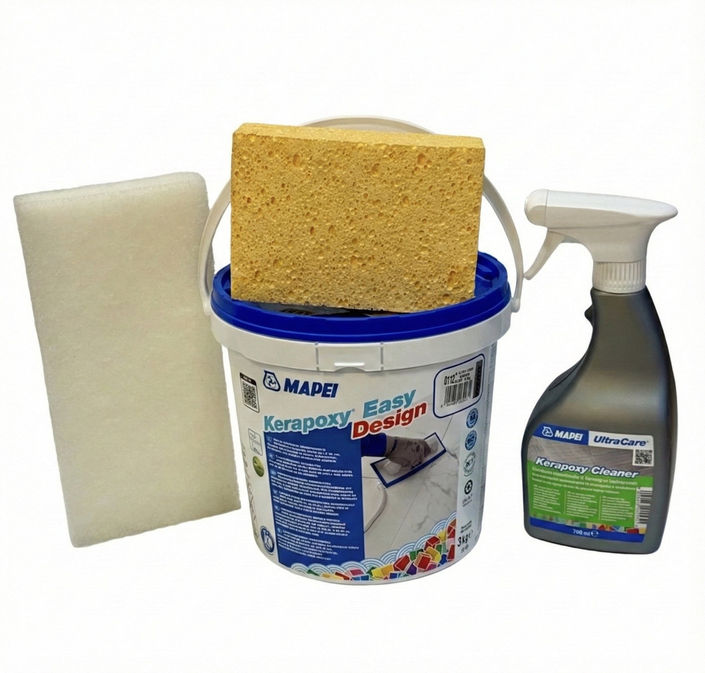 Mapei Kerapoxy Easy Design -epoksisaumapaketti: sisältää saumalaastin, UltraCare-puhdistusaineen, pesusienen ja valkoisen karhunkielen.